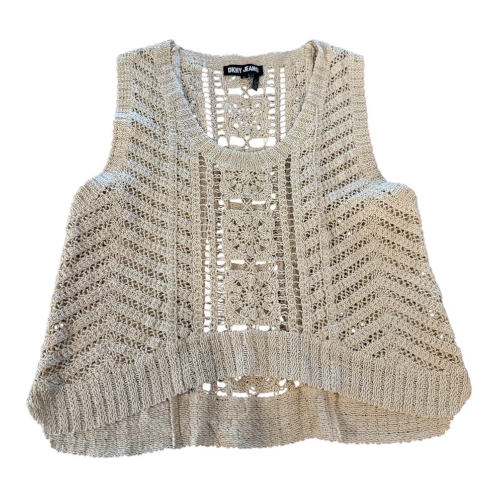 DKNY Jeans Crochet Macrame Sleeveless Knit Tank Top Boho Festival Women's XL